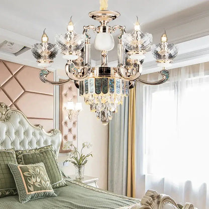 Modern gold and teal crystal candle chandelier with polished gold frame and floral glass shades by decorbites crystal candle