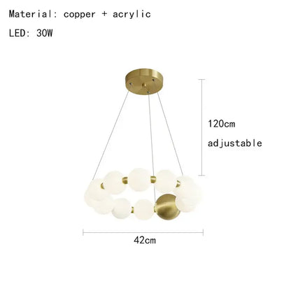 Modern gold and white acrylic led chandelier featuring gold-toned copper spherical pendants with adjustable height decorbites acrylic led