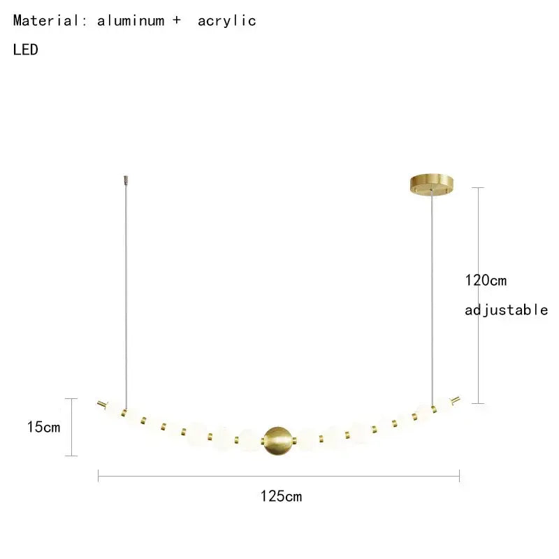 Modern gold and white decorbites acrylic led chandelier with curved frosted spheres and aluminum accents, adjustable 120cm drop