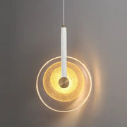 Modern gold and white circular glass led chandelier with sleek rod and textured glittery decorbites circular glass shades