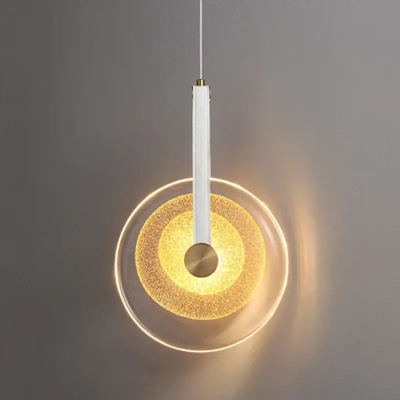 Modern gold and white circular glass led chandelier with sleek rod and textured glittery decorbites circular glass shades