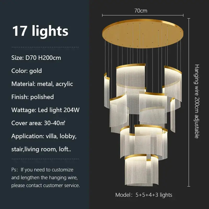Modern gold and white decorbites acrylic led chandelier with tiered shades and polished metal accents for living room