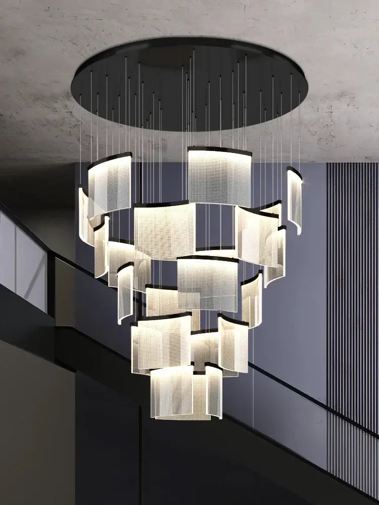 Modern gold and white decorbites acrylic led chandelier with frosted glass panels and black metal frame for living room