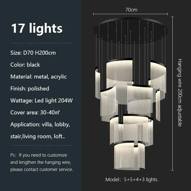 Black modern decorbites acrylic led chandelier with polished metal and acrylic tiers featuring 17 cascading lights