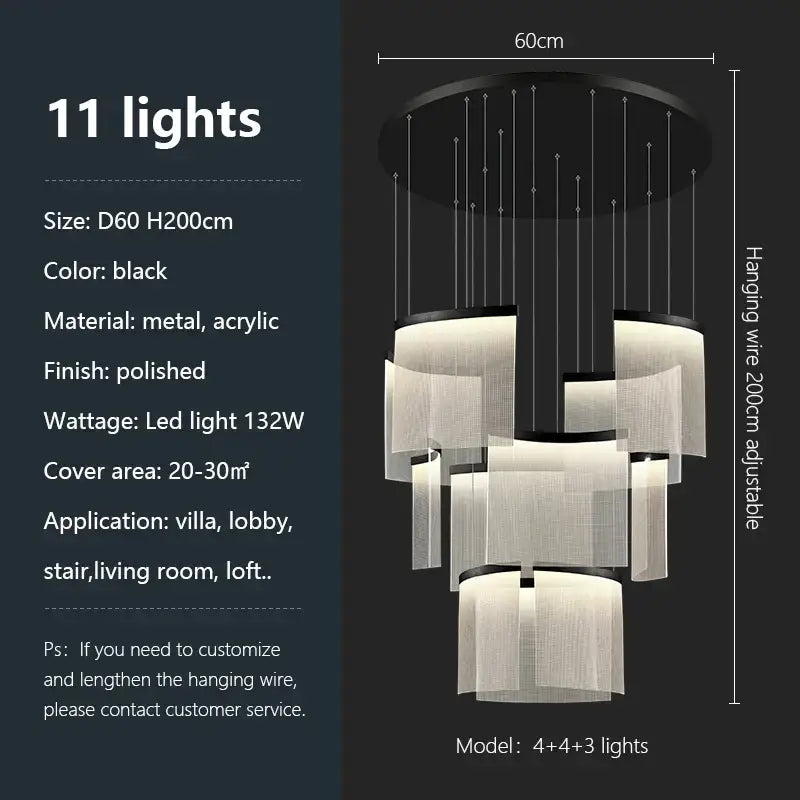Modern gold and white decorbites acrylic led chandelier with 11 black polished metal lights in tiered cascading design