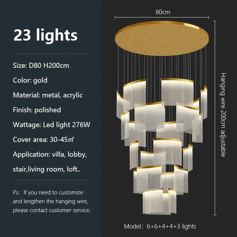 Modern gold and white decorbites acrylic led chandelier with tiered acrylic panels and polished metal accents for living room