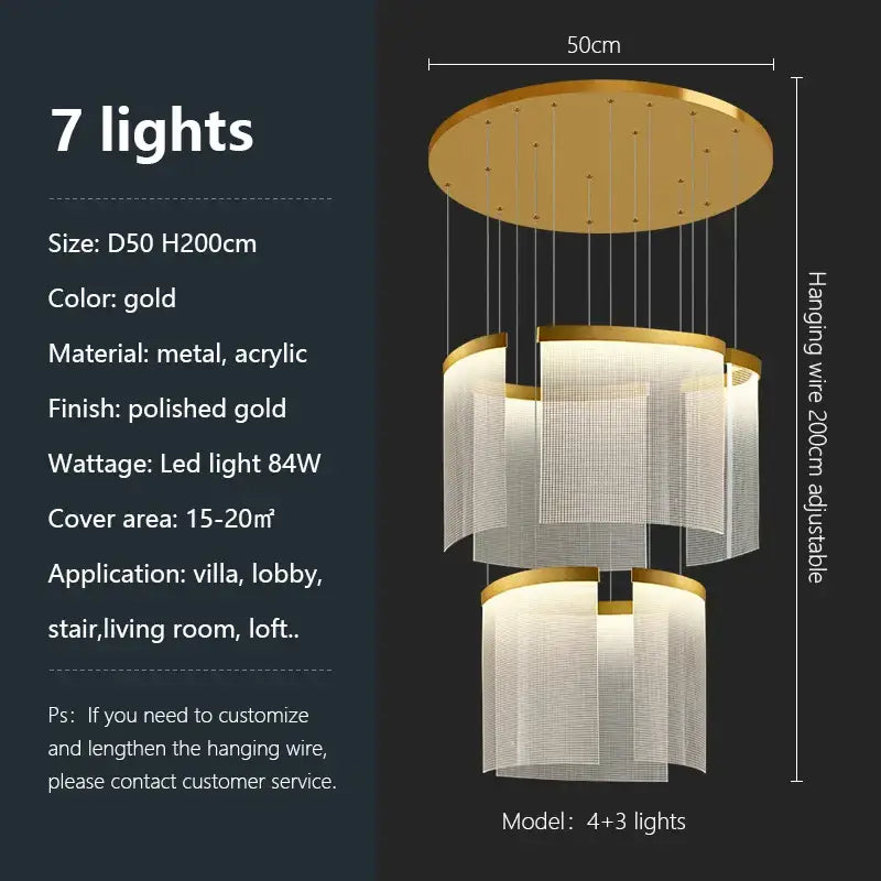 Modern gold and white decorbites acrylic led chandelier with three tiered circular shades suspended by thin wires