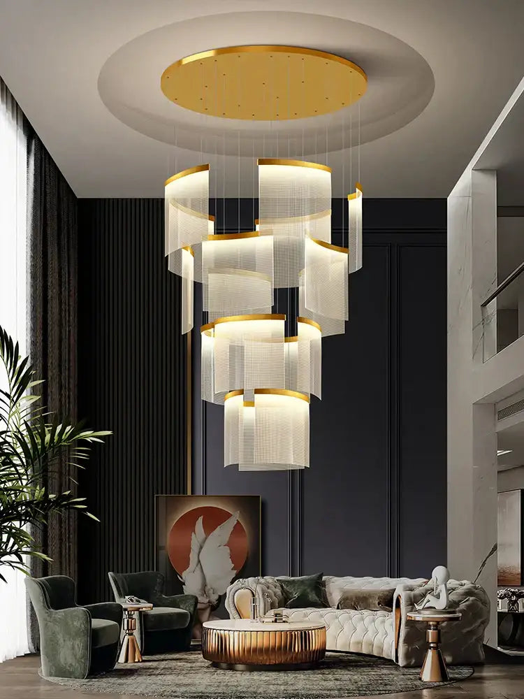 A modern decorbites acrylic led chandelier with cascading white shades and gold accents for living room decor