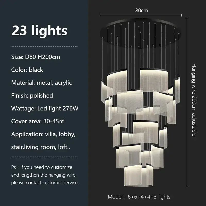 Modern gold and white decorbites acrylic led chandelier with 23 black polished metal lights in a tiered cascading design