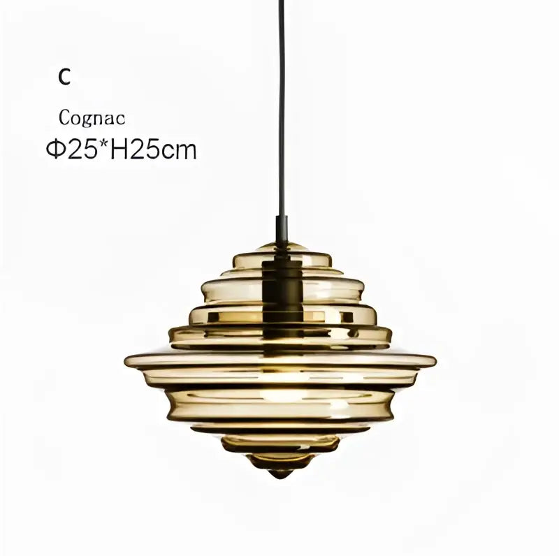 Modern gold and white decorbites glass chandelier featuring a cognac-colored glass pendant light with tiered rings