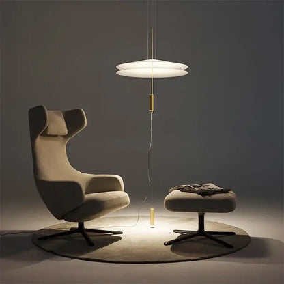 Modern gold and white designer saucer ufo pendant light with layered shade and gold-toned column by decorbites