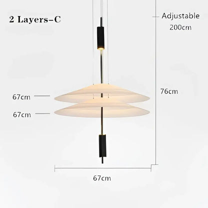 Modern gold and white designer saucer ufo pendant light with frosted glass shades and black metal accents for living room decor