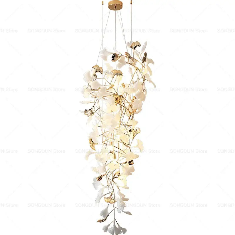 Elegant modern gold and white gingko leaf ceramic chandelier with delicate cascading design for living room decorbites gingko leaf