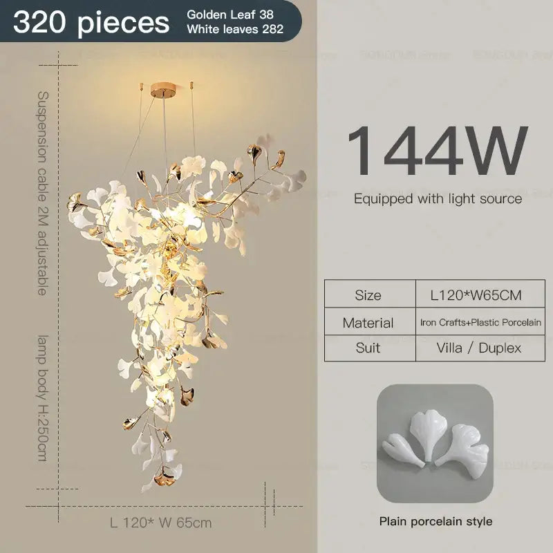 Elegant white porcelain gingko leaf ceramic chandelier with gold-toned metal accents for villa or duplex decorbites gingko leaf