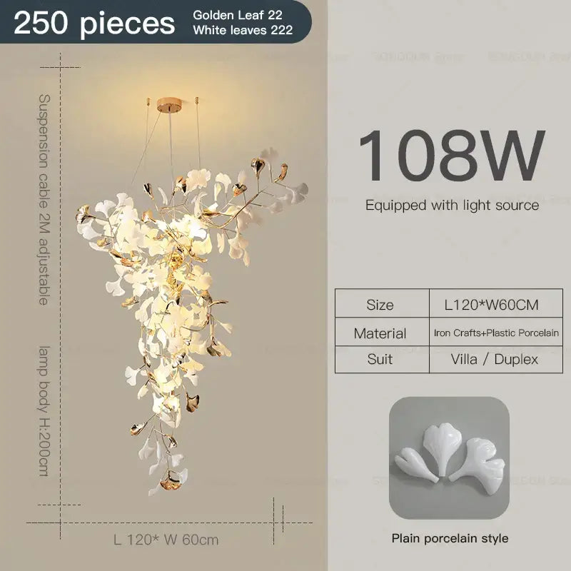 Modern gold and white gingko leaf ceramic chandelier with 250 porcelain pieces for living room decorbites gingko leaf decor