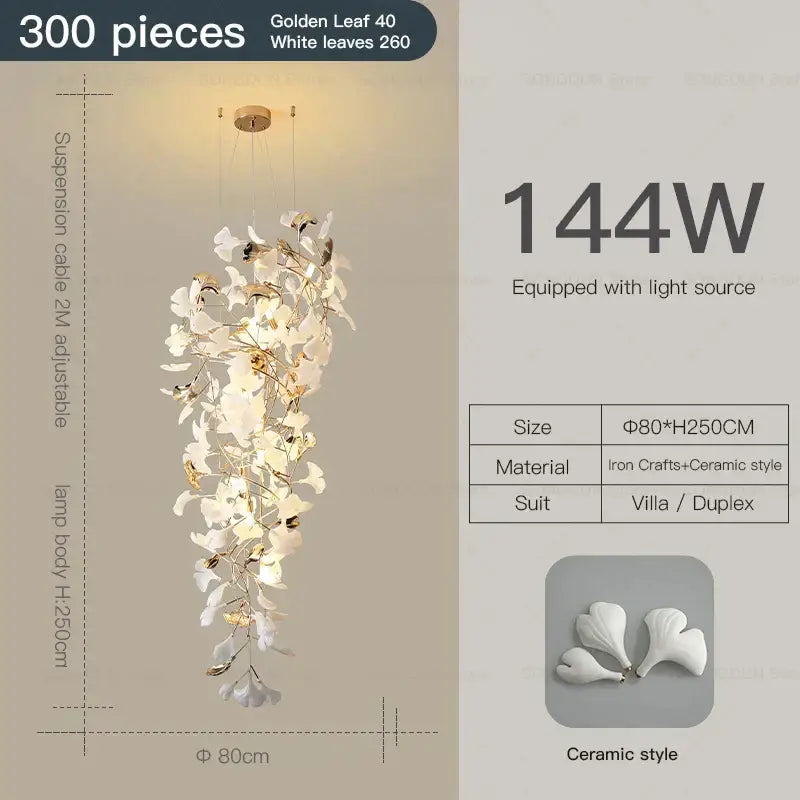 Elegant white gingko leaf ceramic chandelier with golden iron frame for villa or duplex living room decorbites gingko leaf design