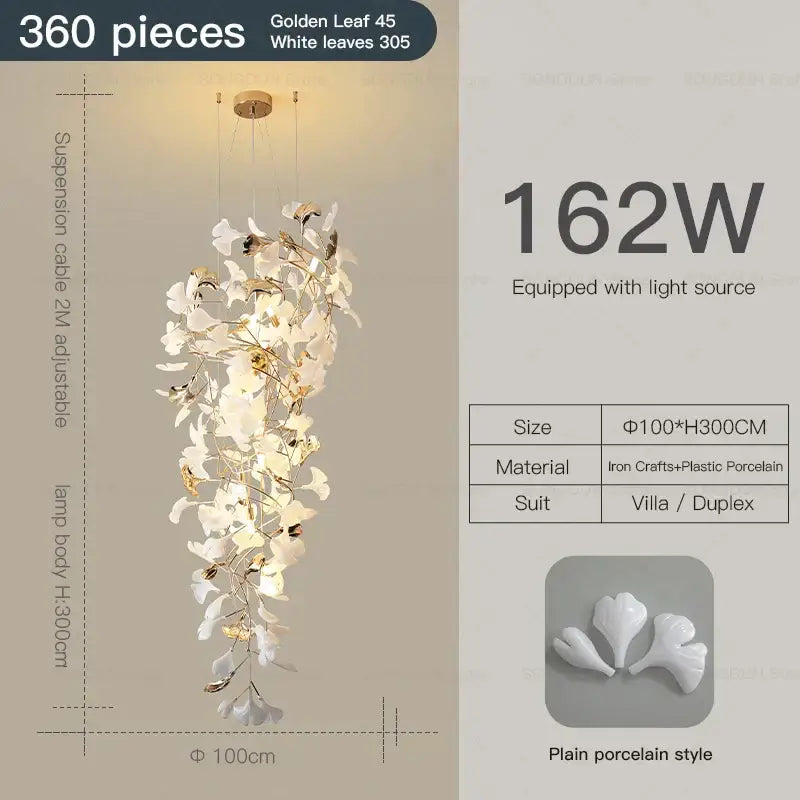 Elegant modern gold and white gingko leaf ceramic chandelier with intricate iron craftsmanship and 162w light source