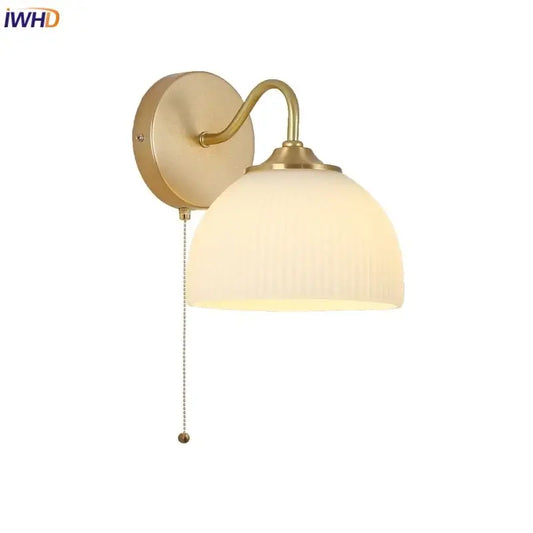 Modern gold and white glass wall lamp with ribbed off-white shade and pull-chain switch ideal for stair light decorbites iron white