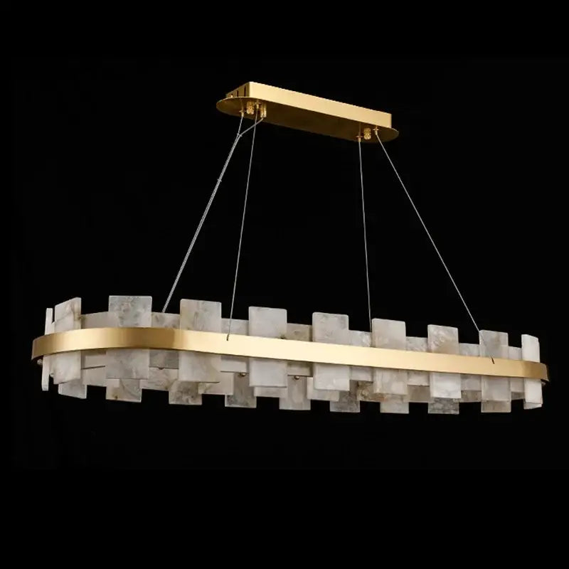 Elegant modern gold and white marble bedroom chandelier led pendant lamp with oval gold metal frame and irregular stone tiles