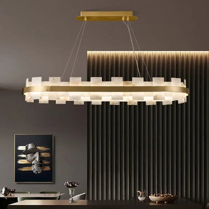 Modern gold and white marble bedroom chandelier led pendant lamp with gold-toned oval frame and translucent glass panels