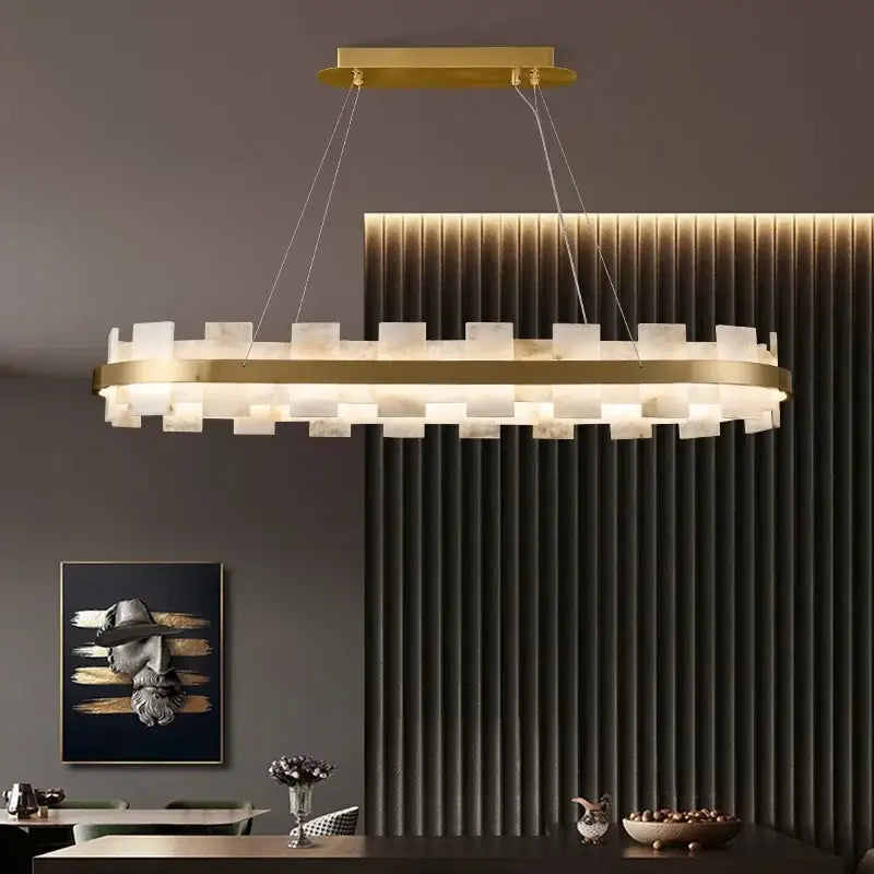 Modern gold and white marble bedroom chandelier led pendant lamp with gold-toned oval frame and translucent glass panels