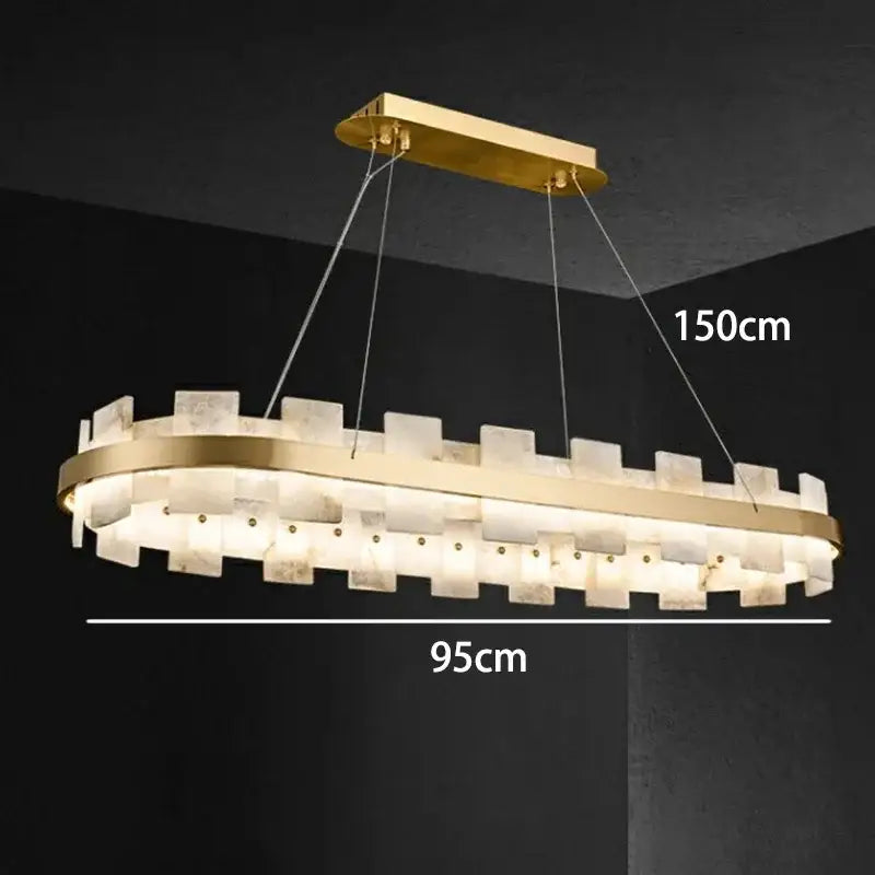 Modern gold and white marble bedroom chandelier led pendant lamp with gold-toned oval frame and layered crystal panels