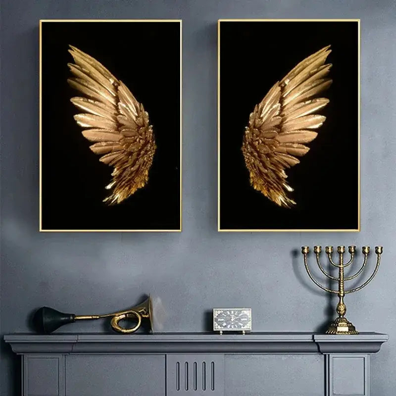 Modern gold angel wing led wall lamp artwork in sleek gold frame displayed as a pair against dark backdrop