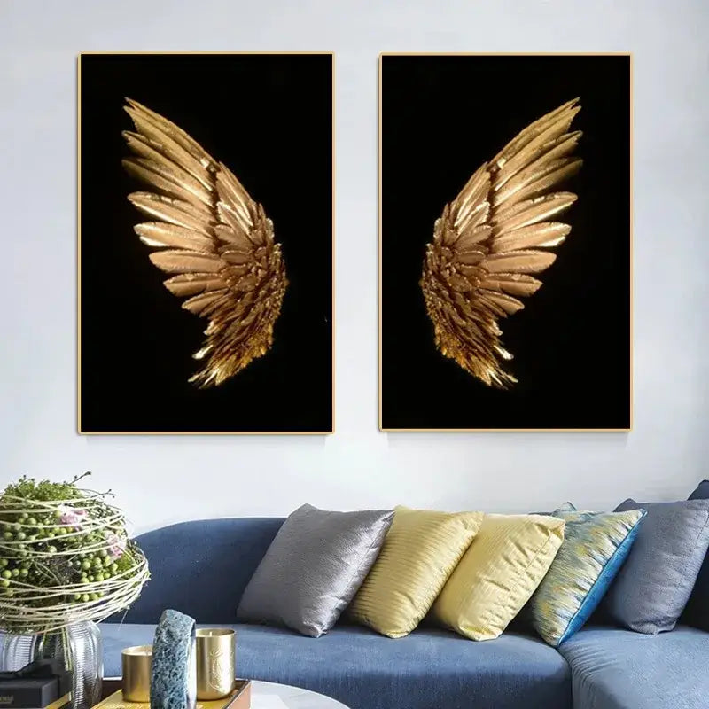 Pair of gold-leafed angel wing canvases with thin metallic frames modern led wall lamp bedroom art decor