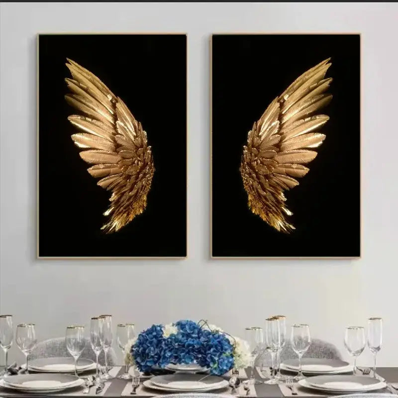 Pair of gold-leafed angel wing canvases with black backgrounds modern led wall lamp bedroom art decor