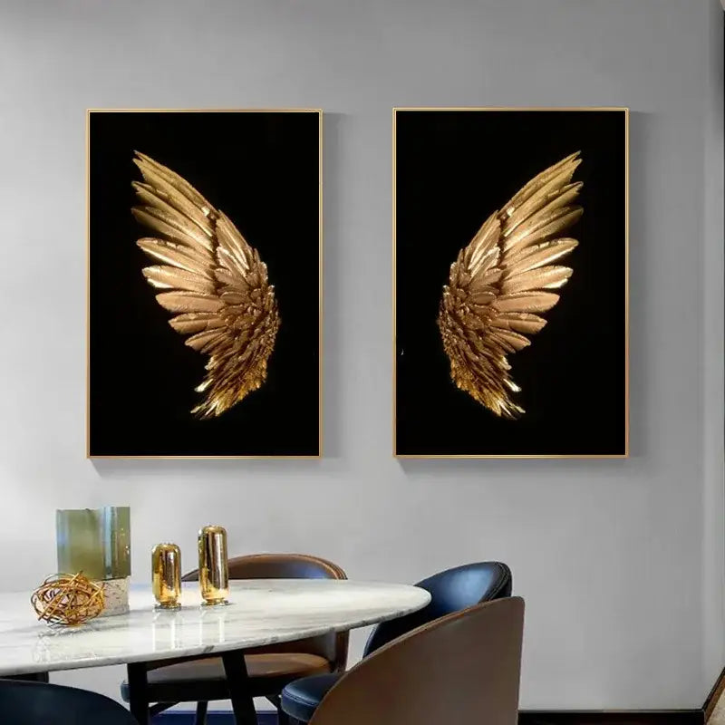 Pair of modern gold-leafed angel wing led wall lamps in sleek black frames for bedroom wall art decor