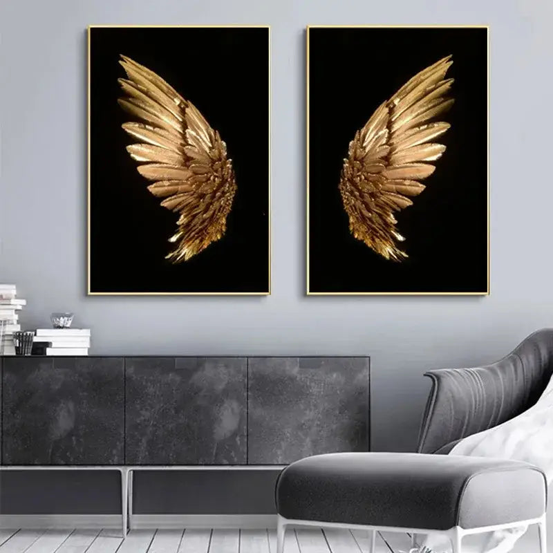 Pair of gold-leafed angel wing canvases with thin metallic frames modern led wall lamp bedroom art decor