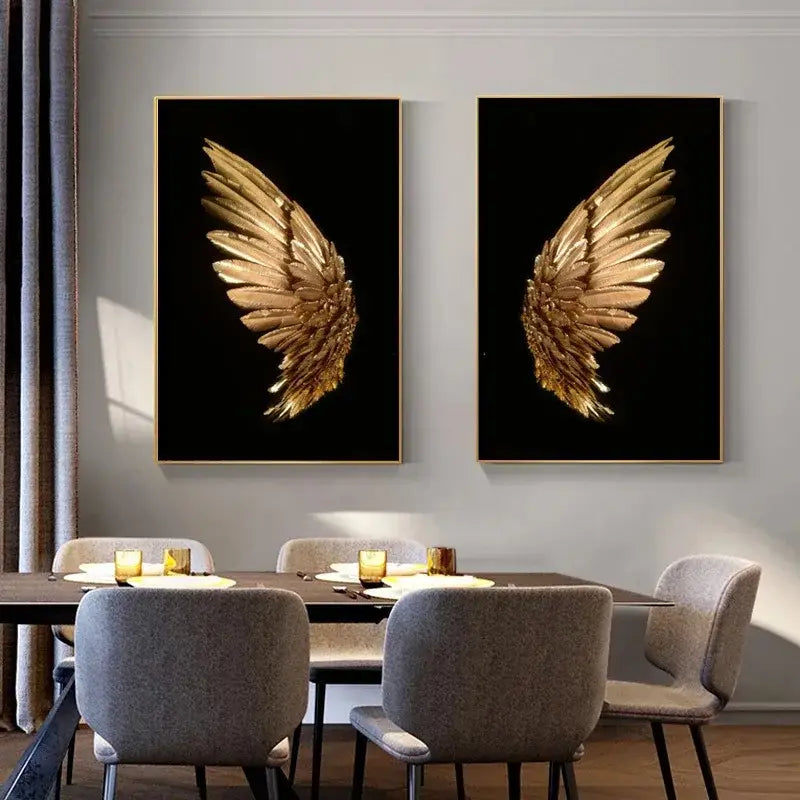 Modern gold angel wing led wall lamp artworks with intricate feathers in slim gold frames on black background for bedroom decor