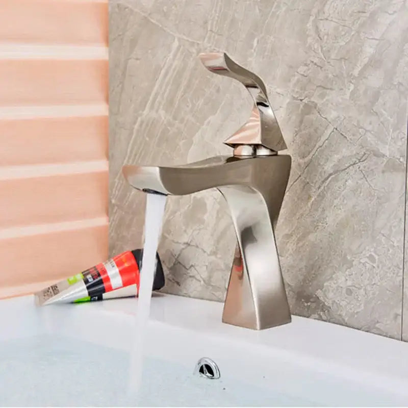 Modern brushed nickel basin faucet with sleek angular design and flowing spout for bathroom decorbites black bronze