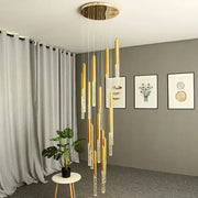 Modern gold art deco crystal led chandelier with clear crystal accents hanging from circular mount decorbites crystal led