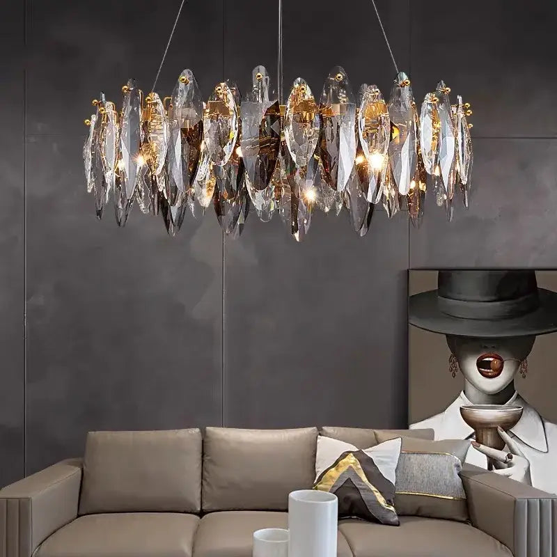 A modern gold ash crystal ceiling chandelier with clear faceted crystal shards and metal accents for living room decorbites ash crystal