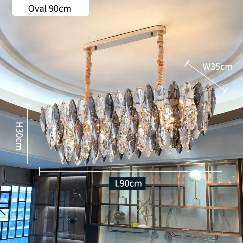 Elegant modern gold ash crystal ceiling chandelier with cascading clear and smoky gray teardrop pendants by decorbites ash crystal