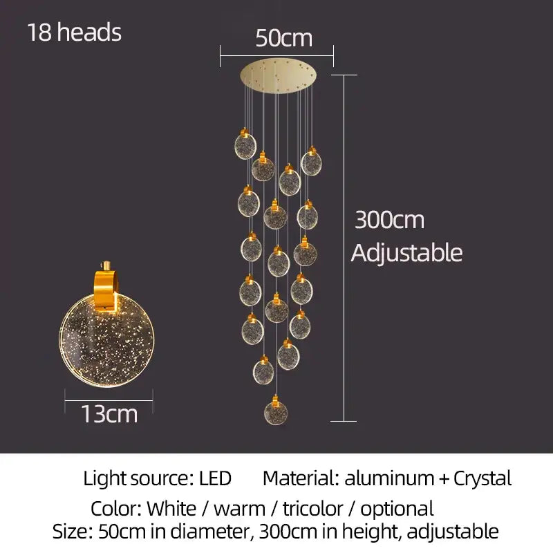 Modern gold attic crystal chandelier with 18 crystal orbs on adjustable aluminum frame for dining room lighting