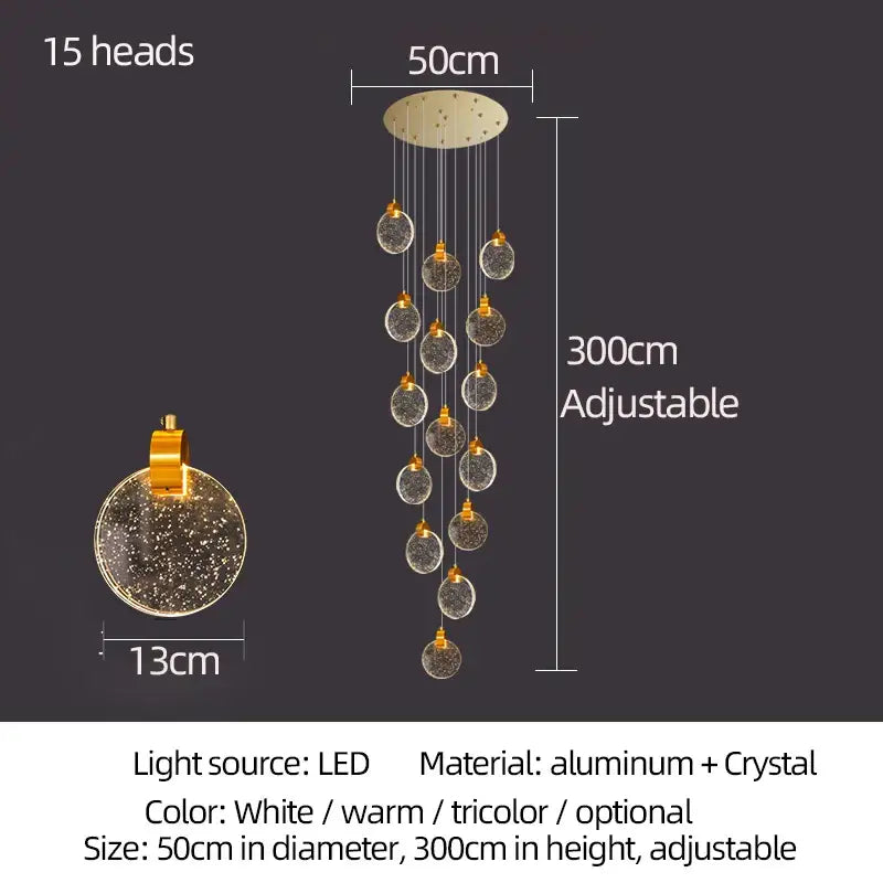 Modern gold attic crystal chandelier with 15 crystal orbs and white warm or tricolor led lighting for dining room