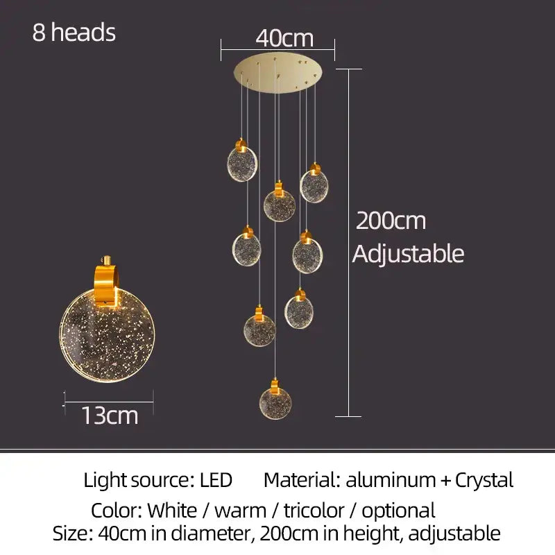 Modern gold attic crystal chandelier with eight sparkling globe lights and adjustable aluminum base for dining room