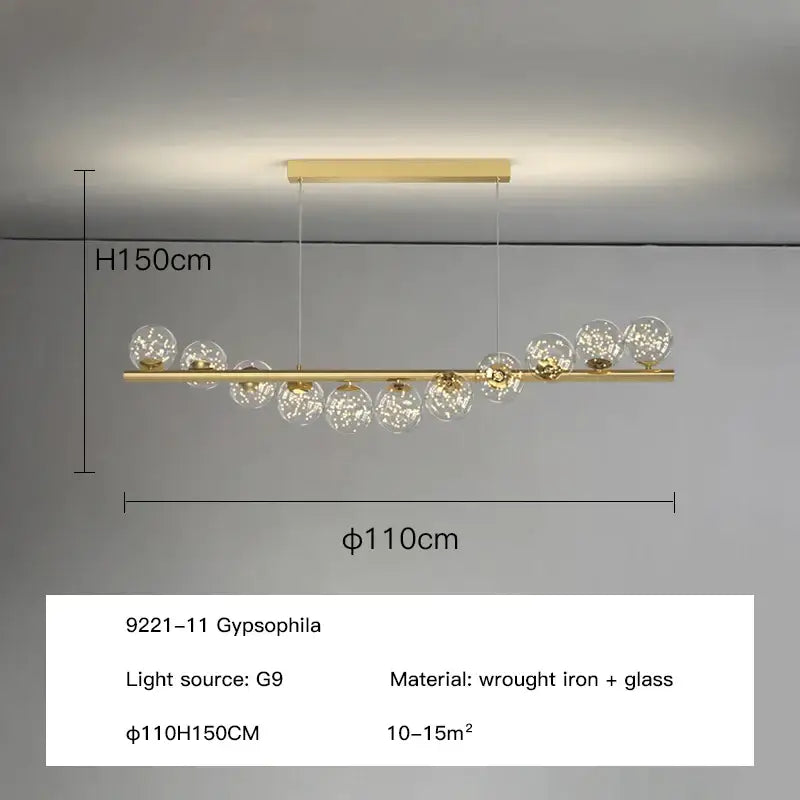 Modern gold ball g9 led ceiling chandelier with decorbites glass ball globes and a sleek wrought iron bar fixture