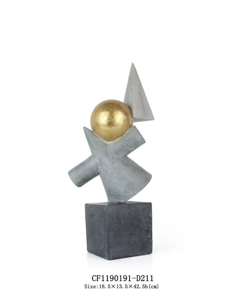 Modern gold ball triangular statues featuring a gray abstract sculpture with decorbites geometric gold sphere on a dark base