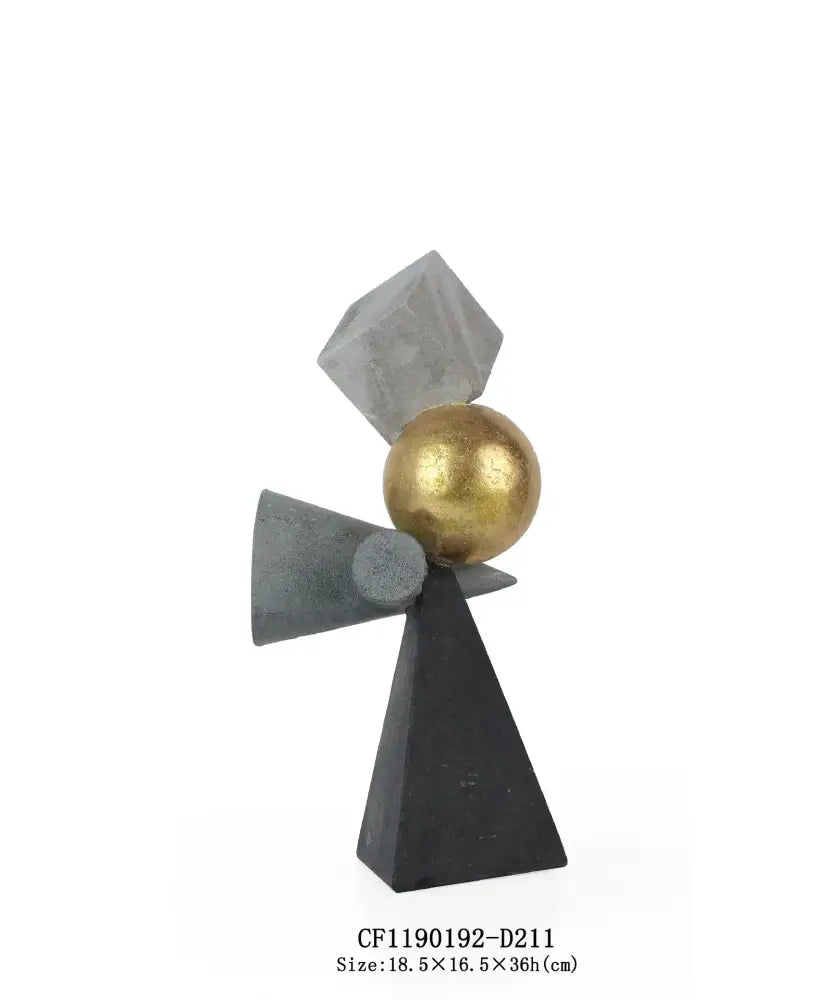 Abstract geometric sculpture with matte black triangular base, polished gold sphere, and layered gray shapes for modern decorbites geometric gold statues