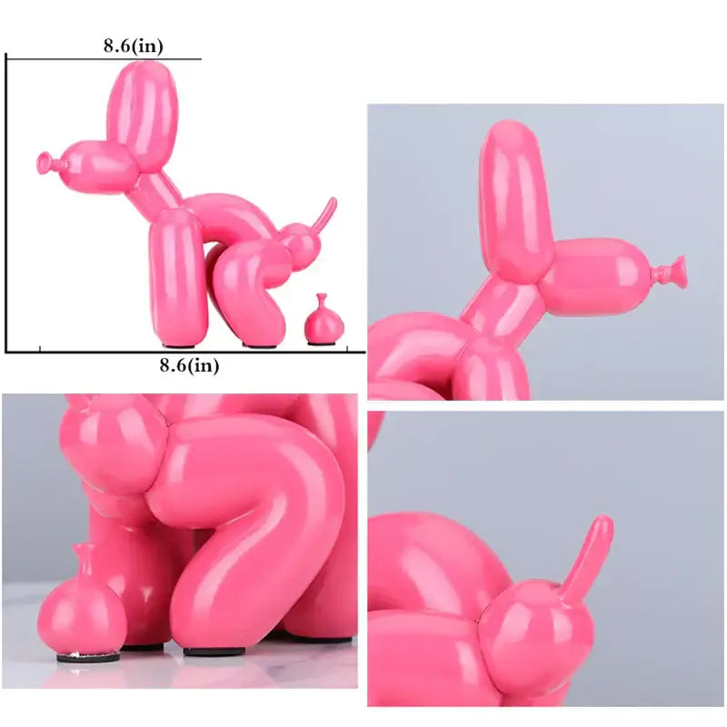 A glossy pink resin balloon dog statue with smooth inflated tubing contours for modern living room decor