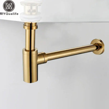 Modern gold basin tap kit featuring a gold-toned drain pipe with a sleek design and clear plastic pop-up stopper