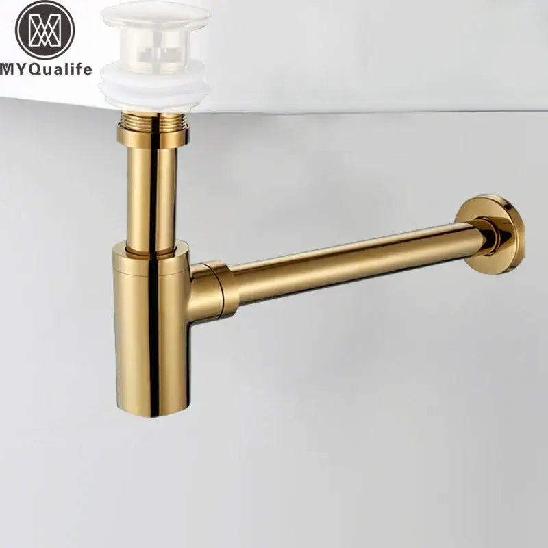 Modern gold basin tap kit featuring a gold-toned drain pipe with a sleek design and clear plastic pop-up stopper