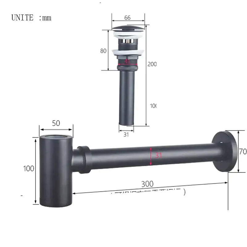 Black matte metal drain assembly with integrated overflow and flange for modern gold basin tap siphon kit bathroom use