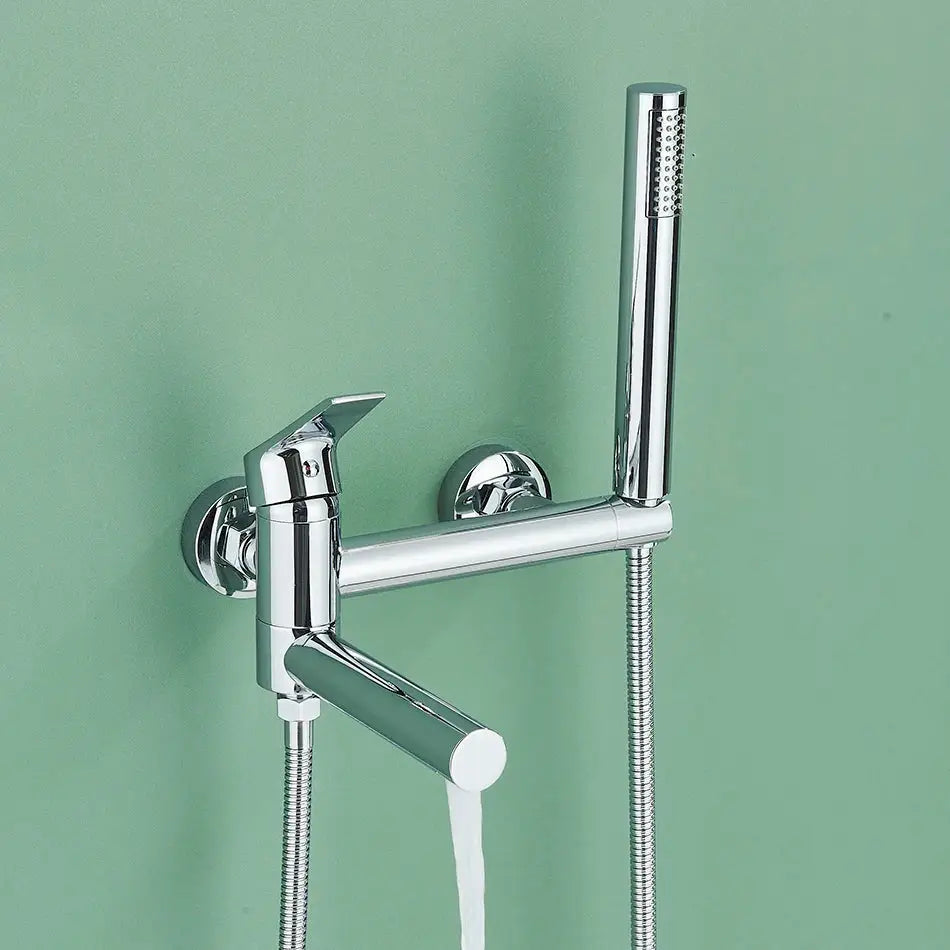 Modern gold bathroom mixer tap set with chrome-finished wall-mounted design and handheld shower spray head