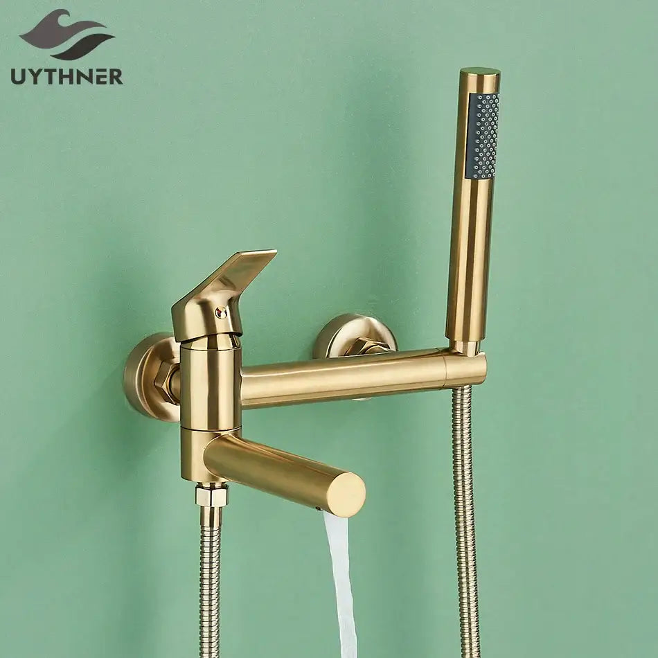 Modern gold bathroom mixer tap set with sleek design and detachable handheld spray for bathtub shower use
