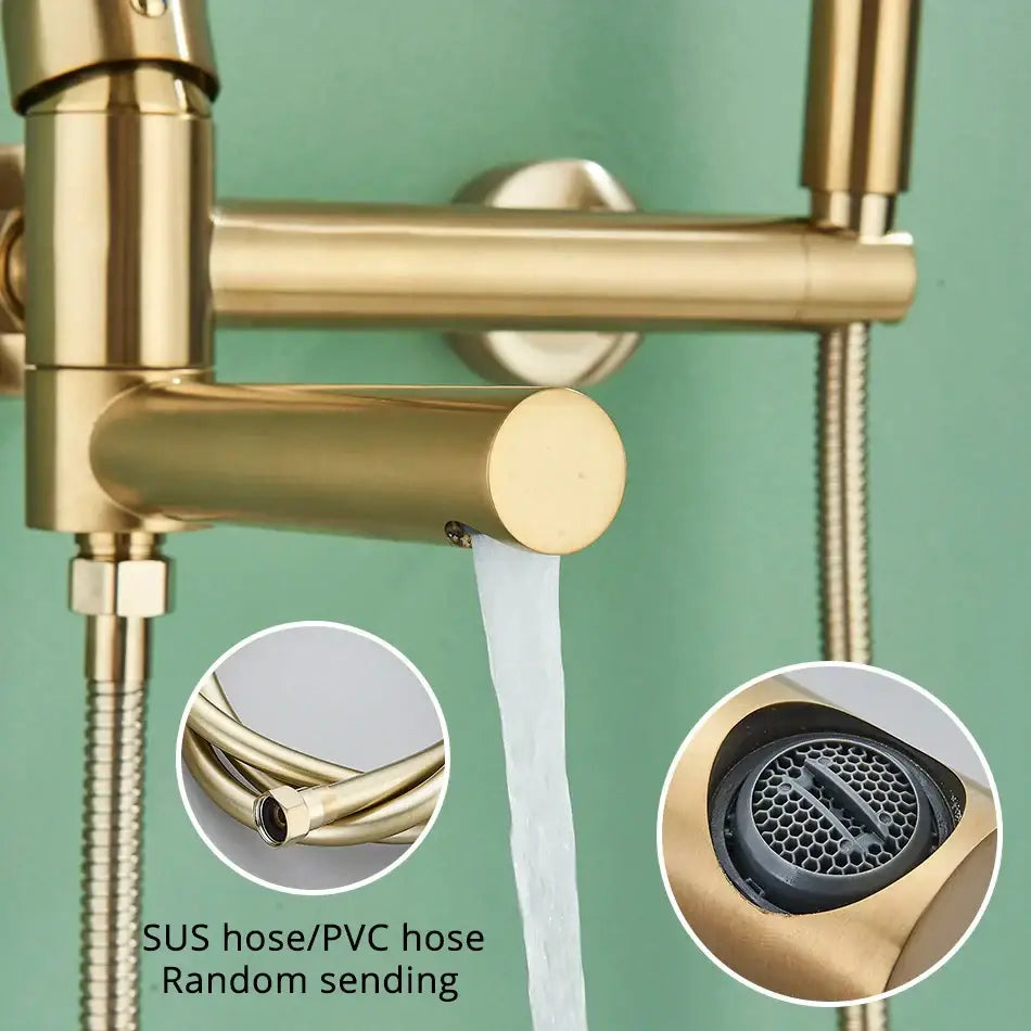 Modern gold brass mixer tap set with sleek design and integrated handheld spray for bathroom bathtub use