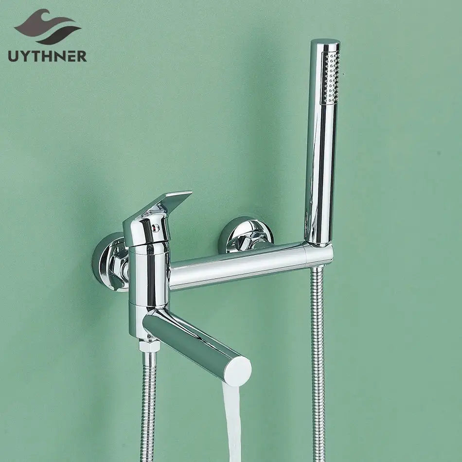 Modern gold bathroom bathtub mixer tap set with handheld spray and fixed spout in sleek chrome finish